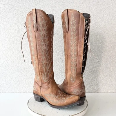 Botas de cowboy femininas Lane LEXINGTON altura do joelho 7,5 marrom faroeste cowgirl com cadarço - Imagem 1 de 4