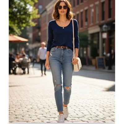 Suéter 301-007 Ann Taylor Petite Azul Lana Merino Botón Puño Cuello Redondo MP Foto 1 de 4