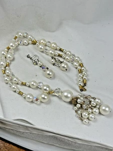 Conjunto Collar Borla Gota AB Cristal Perla Simulada + Pendientes - Imagen 1 de 11