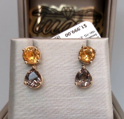 $2000 ⭐10K YELLOW GOLD- NATURAL Citrine & SMOKEY TOPAZ DANGLE Earrings STUDS 💥 - Image 1 of 4