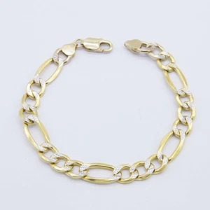 9mm Pave Figaro Link Bracelet Real 10K Yellow White Gold 8.5" - Picture 1 of 6