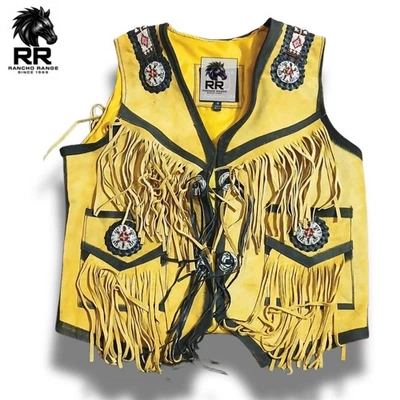 Native American Indian Beaded Cognac Suede Leather Fringe Vest, Old West Outfit - Image 1 of 2