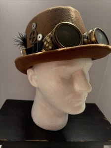 New Women's Kids Halloween Felt Top Hat Steampunk W/Goggles Brown NWT - Picture 1 of 8