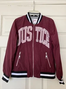 NEW Justice Bomber Jacket Girls 12 Maroon Full Zip Lined Lightweight Coat - Picture 1 of 10