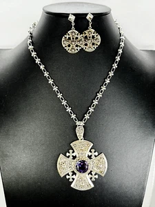 Silber Jerusalem Heiliges Land Kreuz Halskette Amethyst 950 Floral Kette Ohrringe - Bild 1 von 14
