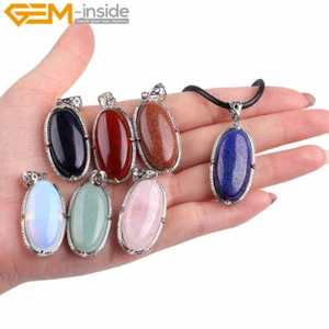 Assorted Gemstones Oval Pendant Leather Necklace 18" Reiki Healing Jewelry Gift - Picture 1 of 66