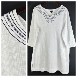Talbots Sz XL 14 16 Swim Cover Up Tunic Dress Gauze White Blue Coastal #5 - Picture 1 of 4