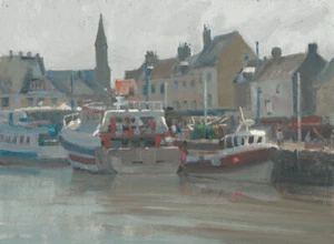 ORIGINAL MICHAEL RICHARDSON Trawlers in Port en Bessin Normandy sea OIL PAINTING - Picture 1 of 1