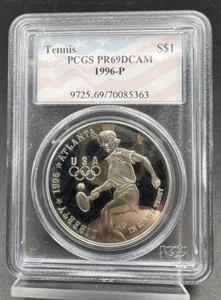 1996 P Atlanta Olympics Tennis 90% Silver USA FLAG HOLDER Dollar PCGS PR69 PROOF - Picture 1 of 3