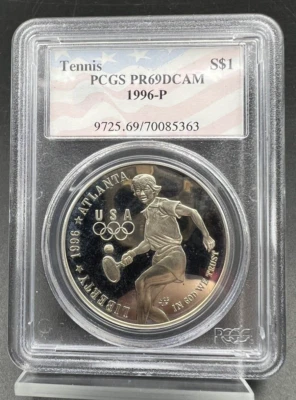 1996 P Atlanta Olympics Tennis 90% Silver USA FLAG HOLDER Dollar PCGS PR69 PROOF - Image 1 of 3