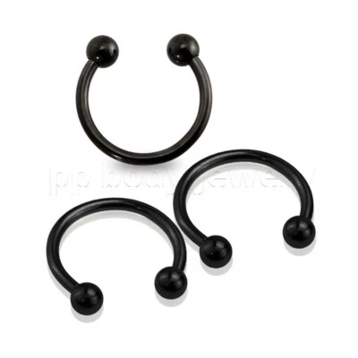 一对 16G 3/8 英寸黑色阳极氧化钢马蹄形圆形杠铃唇眉 Septum — 第 1/4 张图片