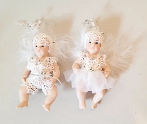 2 Vintage R.O.C. Angel Babies in White Lace and Feathers Porcelain Ornaments 5" - Picture 1 of 6