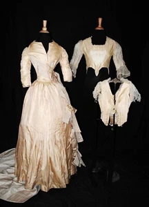 VICTORIAN FOUR PIECE BUSTLE WEDDING GOWN TRAINED, c1860s - Picture 1 of 20