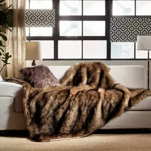 50 X 60 Luxury Plush Faux Fur Throw Blanket, Long Pile Golden Brown Black Tipped - Picture 1 of 4