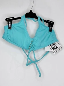 NWT California Summer Bikini Top Teal Spaghetti Strap Ribbed Fabric Laced Front - Picture 1 of 2