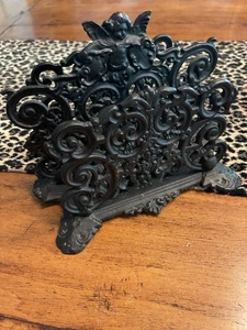 Vintage Antik Jugendstil Gusseisen Serviette Brief Schreibtisch Halter Engel Putti Cherub schwarz - Bild 1 von 10