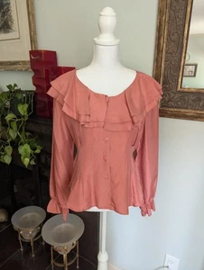 Vintage 80er/90er Jahre Damen Medium Seide Rüschen Volant Kragen Knopfleiste Rosa Kokette - Bild 1 von 11
