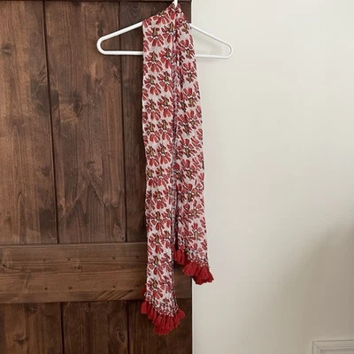 Шарф Tory Burch из льняной смеси с красным узором кисточки бисер большой - Изображение 1 из 4