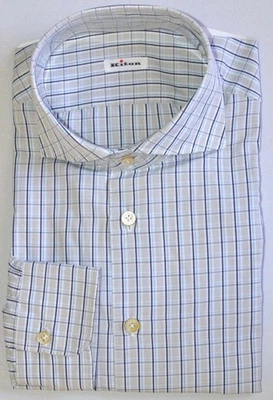 KITON Mens Handmade White Plaid Slim Dress Shirt Sz 17.5 NEW NWT $600 - Image 1 of 4