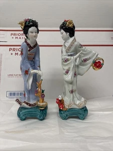 Vintage Paar Geisha Frauen handbemalte Porzellan Statuen Goldrand 12" hoch - Bild 1 von 24