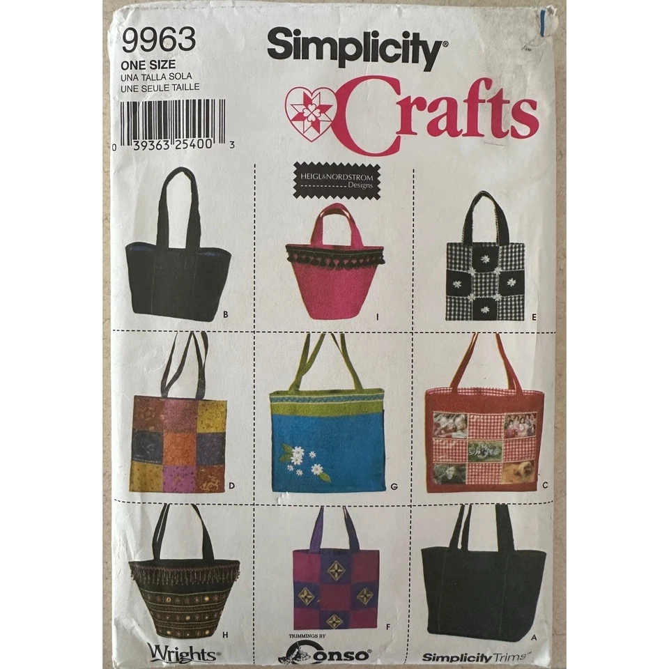 Simplicity Sewing Pattern 9963 One Size Tote Bags 9 Variations Uncut 2001