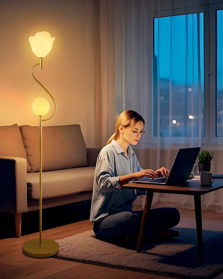 Lámpara de pie dorada, lámparas de pie de mediados de siglo con 1 globo y 1 flor suave cálida... Foto 1 de 4