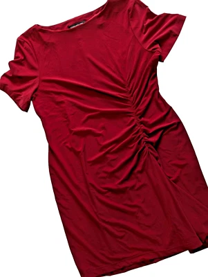 Jones New York Women Sheath Dress Red Size 16 Mini Ruched Boat Neck Short Sleeve - Image 1 of 4