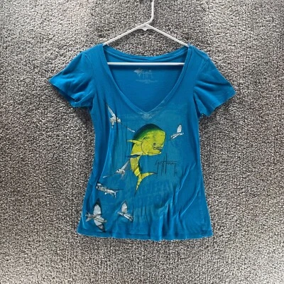 Guy Harvey Shirt Womens Small Blue V Neck Dolphin Fishing Causal Logo Casual - Image 1 of 4