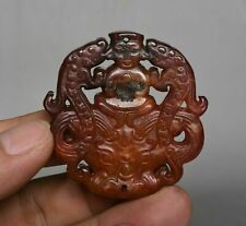 2" Stare Chiny Czerwony Jadeit Rzeźbione ludzie Smocza Bestia Twarz Wisiorek Amulet