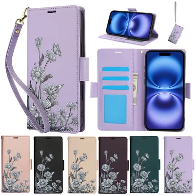 For iPhone 16 Pro Max/16e/15/14/13/12/11 Pattern Leather Wallet Flip Case+Strap - Image 1 of 4