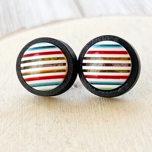 Blue Red Yellow Striped Earrings, Minimalist Stud Earring Natural Wood Earring - Picture 1 of 10