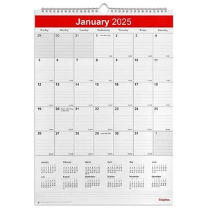 2025 Staples 12" x 17" Wall Calendar White/Red (ST53913-25) - Picture 1 of 6