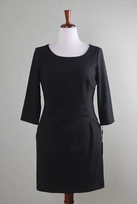 CALVIN KLEIN NWT $129 Solid Black Lined Pleated Side Dress Size 10 Petite - Image 1 of 4