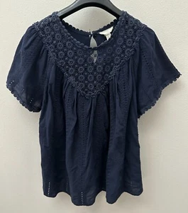 Camicetta Cupio blu navy contadina boho ricamata occhielli manica svolazzante top XL - Foto 1 di 3