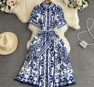Fashion Summer Chain Luxury Midi Dress Women Short Sleeve O Neck Flower s-xxl - Picture 1 of 2