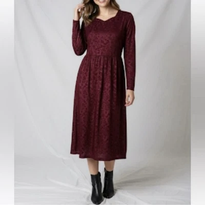 Vintage Worthington Burgundy Burnout Velvet Midi Dress 8P Boho Cottagecore - Image 1 of 4