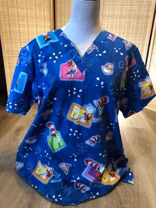 Dr.Seuss  Scrubs Top Cartoon The Cat in The Hat Blue XL Extra Large (H685) - Picture 1 of 9