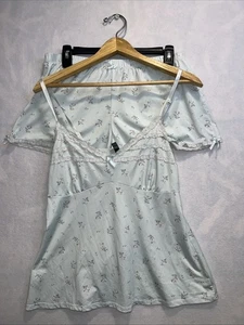 Laura Ashley Women's Sleepwear Blue Flower Lace & Bow Cami/Short Set Size L 2PC - Picture 1 of 4