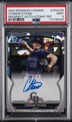 2023 BOWMAN CHROME PRSPCT AUTOS ATOMIC REFRACTOR CONNOR STAINE 18/100 PSA 9 AUTO - Image 1 of 2