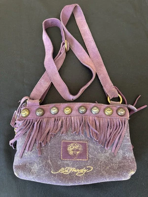 Редкий винтажный Ed Hardy фиолетовый бахрома замши через плечо Дамская сумка Y2K - Изображение 1 из 4