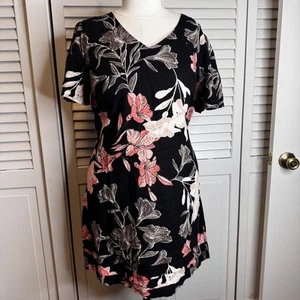 NICOLE MILLER ORIGINAL XL LINEN BLEND SHIFT DRESS BLACK TROPICAL FLORAL SUMMER - Picture 1 of 8