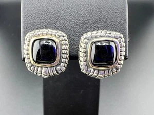 STERLING SILVER 925 14K YELLOW GOLD BLACK ONYX OMEGA BACK CUSHION STUD EARRINGS - Picture 1 of 5