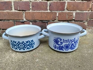 2x DDR Alter Emaille Kochtopf, Topf, Dekorativ, Bepflanzung Pflanzgefäß Blau - Bild 1 von 9
