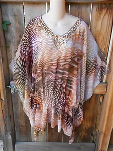 ART TO WEAR SHIRRED ASYMMETRIC BEADED BOHO FLIRTY TUNIC BY ARIS.A, L/XL, OS+! - Picture 1 of 5