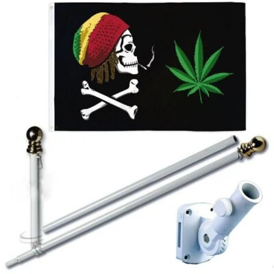 Rasta Skull Weed Pot 3 x 5 FT Flag + 6 Ft Spinning Tangle Free Pole + Bracket - Image 1 of 4