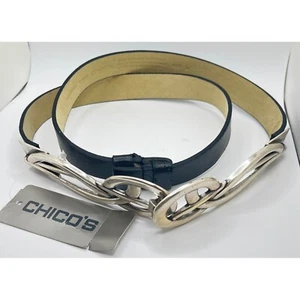 Cintura catena Chico's ferramenta argento pelle nera vita regolabile taglia ML 43-1/2" - Foto 1 di 14