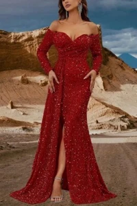 Elegantes schulterfreies Abendkleid, funkelndes Paillettenkleid mit langen Ärmel - Bild 1 von 15