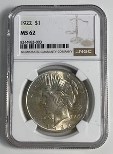 1922 NGC MS62 Peace Silver Dollar $1 - Picture 1 of 5