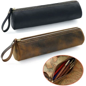 Retro Cowhide Leather Pen Pouch Zipper Pencil Case Stationery Storage Pen Bag - Picture 1 of 16