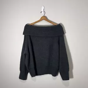 H&M Knit Sweater XL Off Shoulder Charcoal Gray Cowl Neck Balloon Sleeve Cozy - Picture 1 of 4